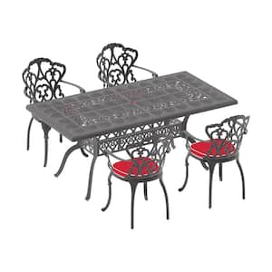 Lily Black 5-Piece Cast Aluminum Outdoor Dining Set with Rectangle Table and Dining Chairs with Random Color Cushion