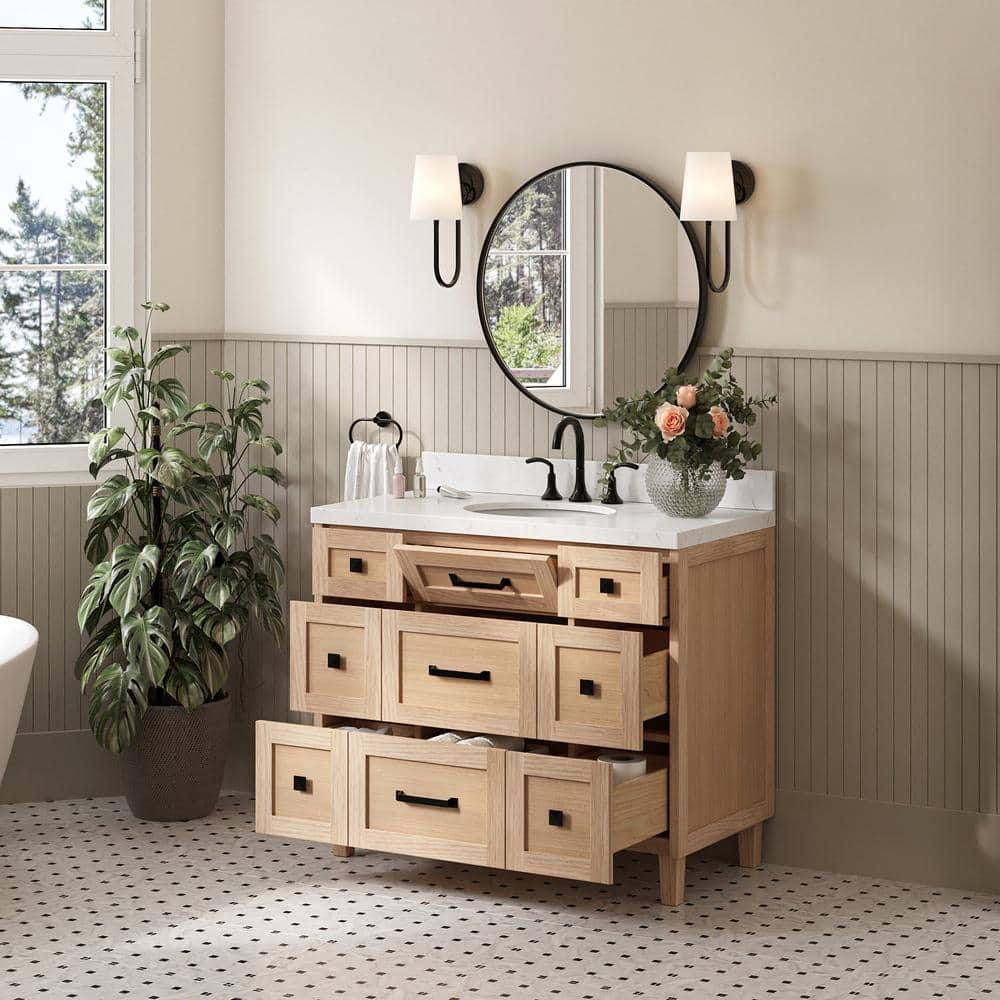 Monroe 42" Light Oak Single Sink Vanity with Carrara Quartz Top