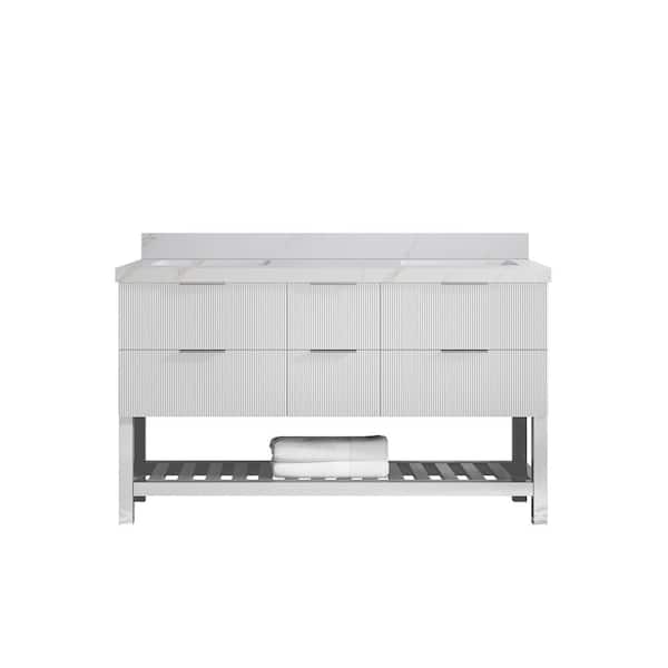 Willow Collections Catalina 60 in. Double Sink Freestanding Fine Grain Bath Vanity with Calacatta Sienna Qt. Top Unassembled