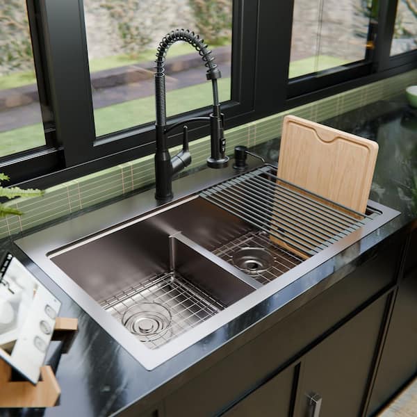 33-in. Drop-In 50/50 Double Bowl 16 Gauge Stainless Steel Workstation Kitchen Sink
