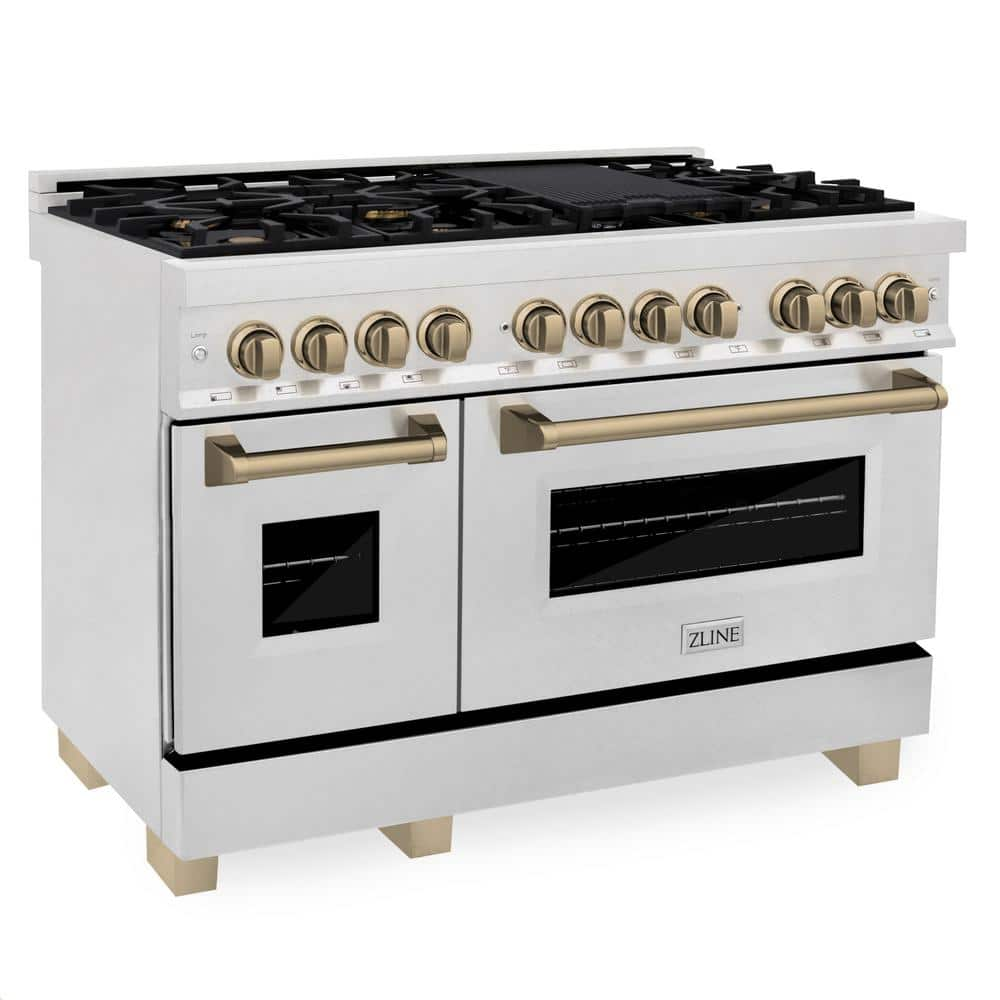 ZLINE Kitchen and Bath 48 in. 6.0 cu. ft. Double Oven Dual Fuel Range with Gas Stove and Electric Oven in DuraSnow with Champagne Bronze