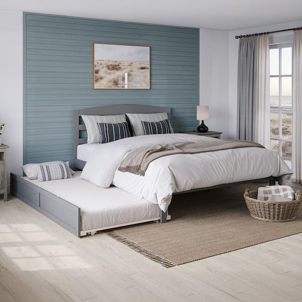 Warren 60-1/4 in. W Grey Queen Solid Wood Frame with Twin XL Pull Out Trundle Bed and USB Charger Platform Bed