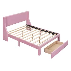 Pink Wood Frame Full Velvet Upholstered Platform Bed with Drawer