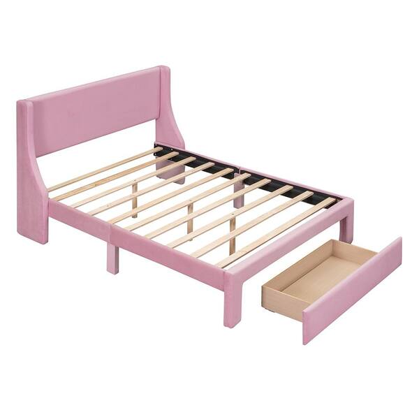 ATHMILE Pink Wood Frame Full Velvet Upholstered Platform Bed with 