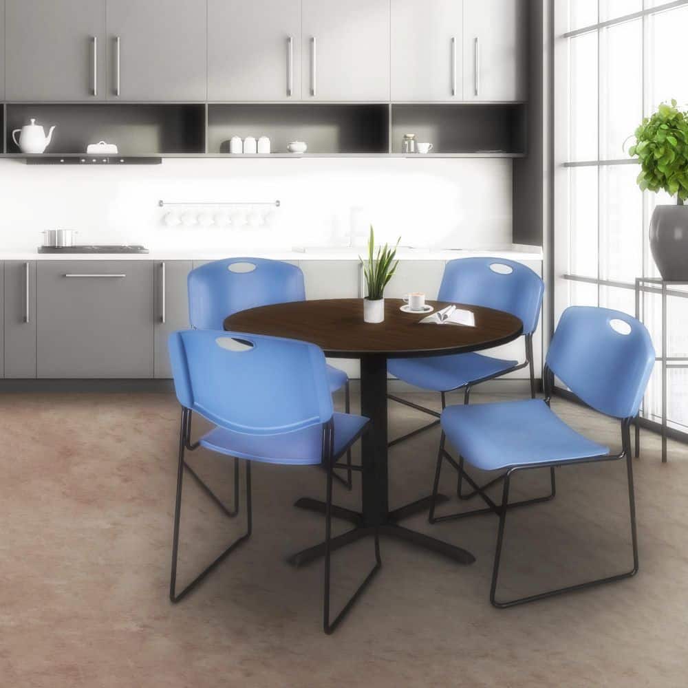 Cain 36 in. Neo Walnut Round Breakroom Table Desk and 4 Zeng Stack Chairs-Blue price history on PriceWatchPro