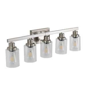 Zeus 30 in. 5 Light Brushed Nickel Bathroom Vanity Light with Clear Glass Shade