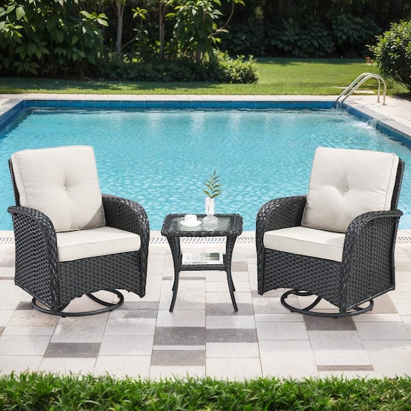 Gymojoy Annies Black 3-Pieces Wicker Patio Conversation Set Outdoor Swivel Chairs with Beige Cushions