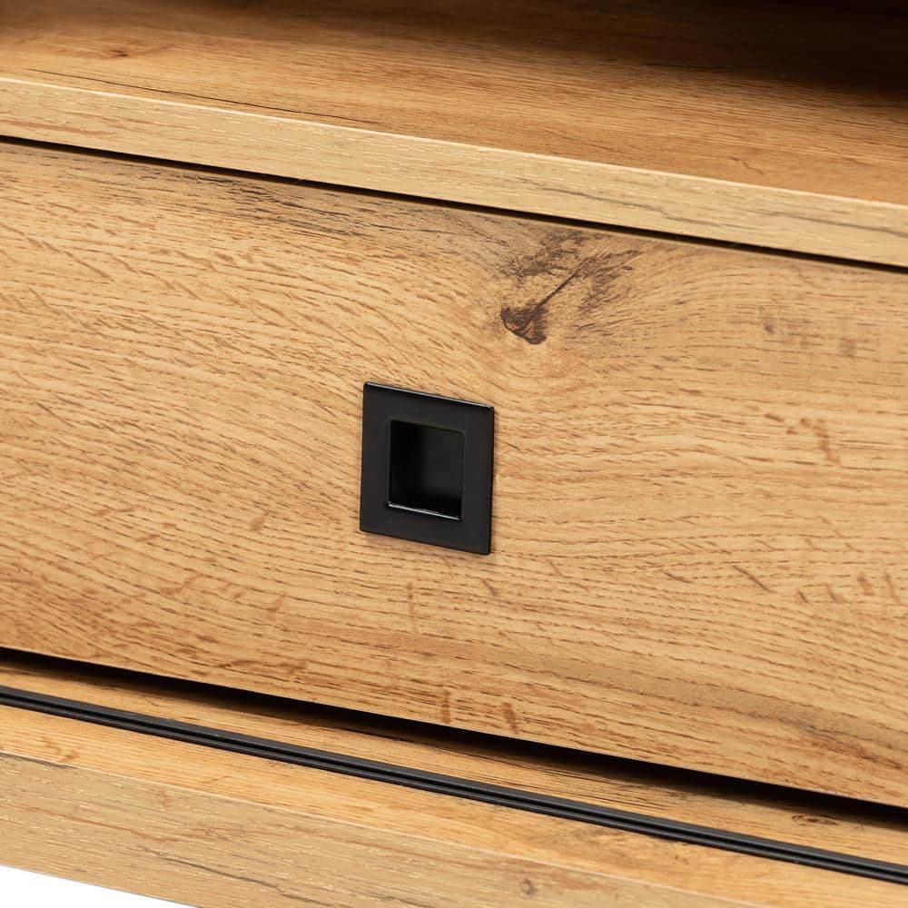 Oak Brown Wood TV Stand with Glass Doors and Drawers