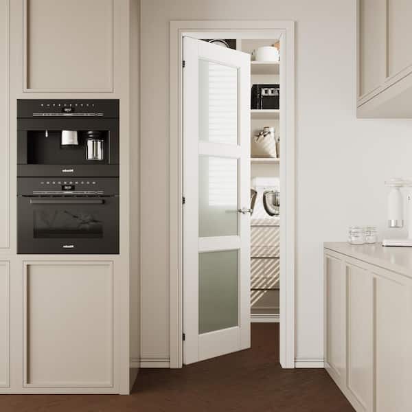 18 in. x 80 in. 3-Lite Tempered Frosted Glass and Solid Core Manufacture Wood White Primed Interior Door Slab