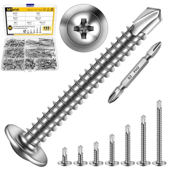 #8 x 1/2 in. - 2 in. Self-Tapping Phillips Truss Head Screws, 410 Stainless Steel, 155-Piece Assortment Kit