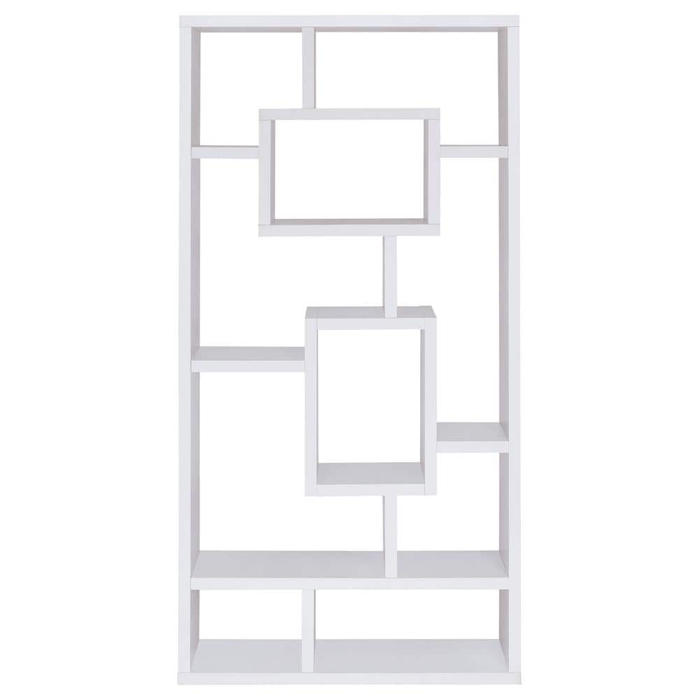 Contemporary White Wood Ladder Bookcase with 10 Varied Shelves