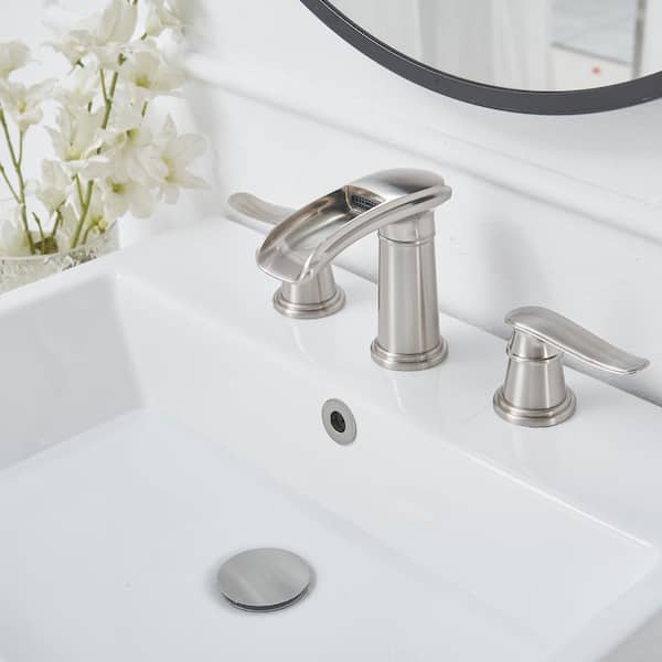 8 in. Waterfall Widespread 2-Handle Bathroom Solid Brass Faucet With Pop-up Drain Assembly in Spot Resist Brushed Nickel