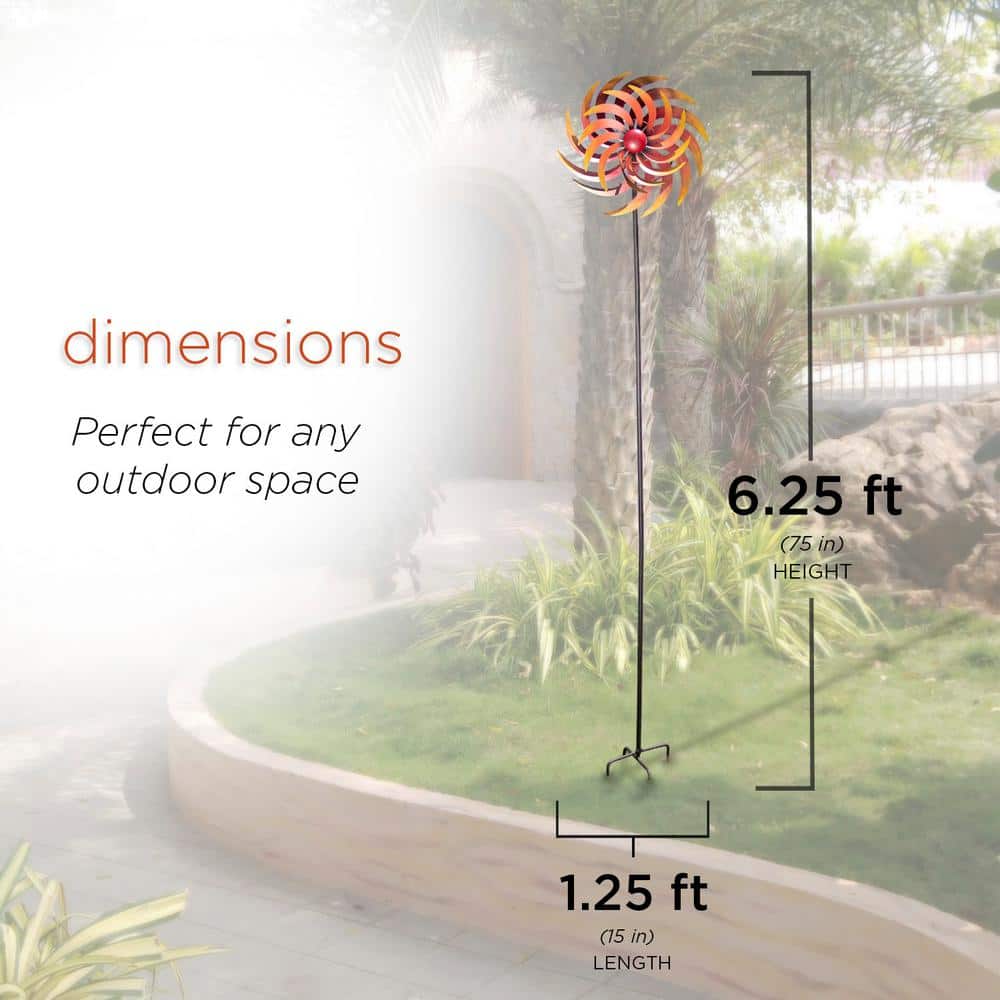 75" Tall Red and Orange Metal Kinetic Wind Spinner Stake