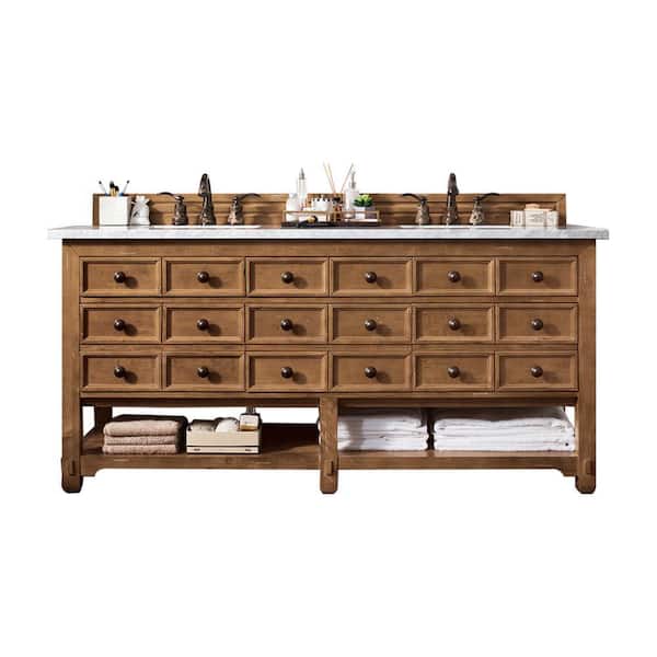 James Martin Vanities Malibu 72 in. W x 23.5 in.D x 35.3 in. H Double Bath Vanity in Honey Alder with Marble Top in Carrara White