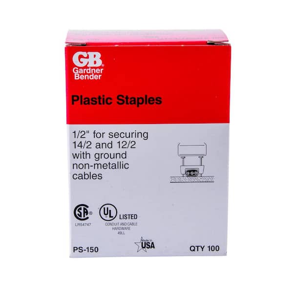 White 500/Box 12/2 1/2-Inch Gardner Bender PS-550 Plastic Staple 10/2 Cable Secures 14/2