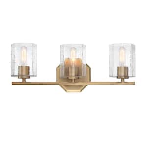 Haven 24 in. 3-Light Old Satin Brass Vanity Light with Clear Rippled Glass Shades for Bathrooms