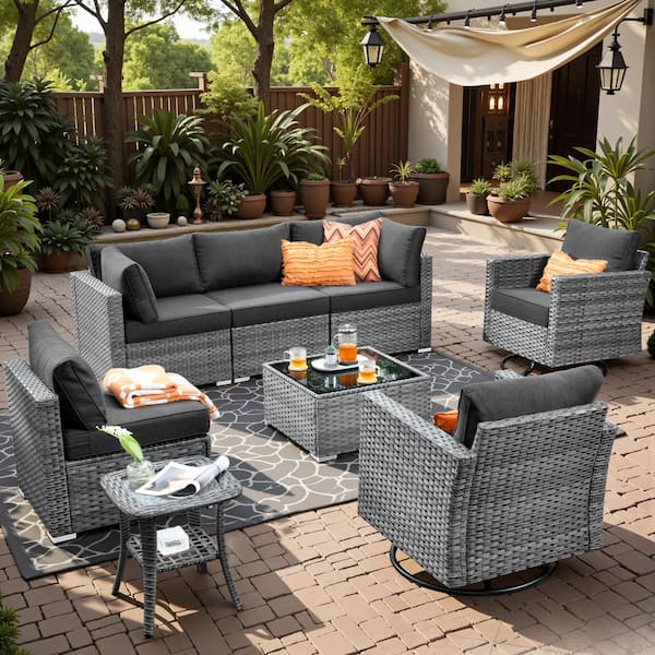 Sanibel Gray 8-Piece Wicker Outdoor Patio Conversation Sofa Seating Set with Swivel Rocking Chairs and Black Cushions