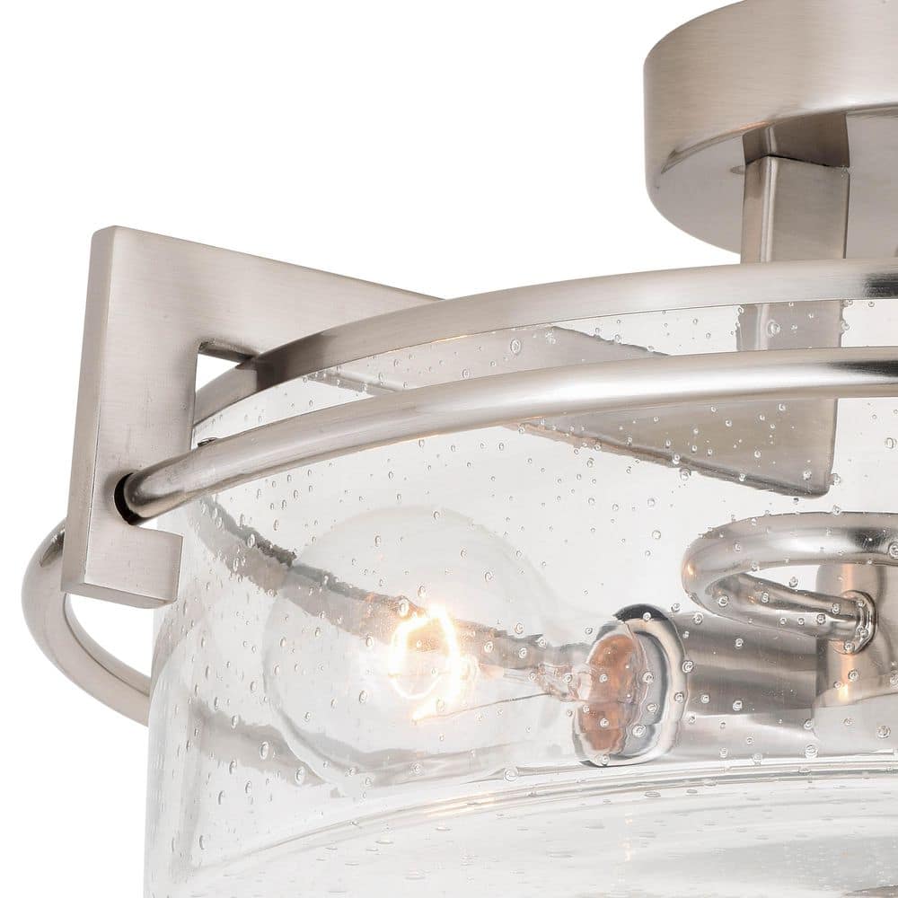 Satin Nickel 15" Drum Ceiling Light with Seeded Glass
