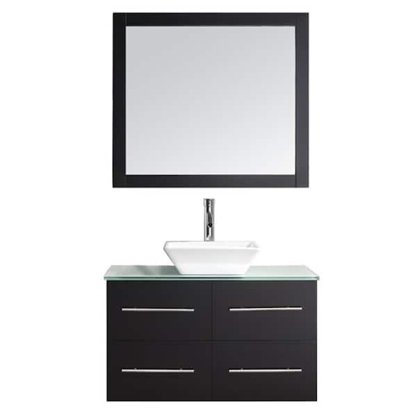 Virtu USA Marsala 35 in. W x 22 in. D x 31 in. H Single Sink Bath Vanity in Espresso with Glass Top and Mirror