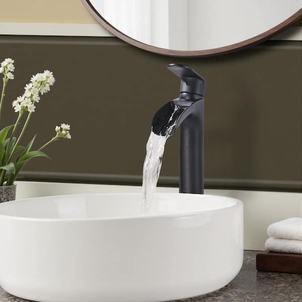 Waterfall Single Handle Bathroom Faucet with Metal Pop-Up Drain in Matte Black