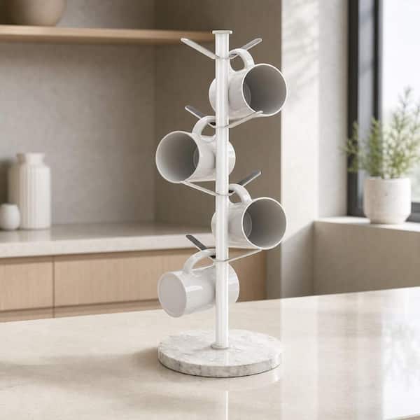Marble Mug Tree Holder with 8 Hooks, Stable Coffee Cup Stand for Kitchen Counter Cabinet Coffee Bar, White