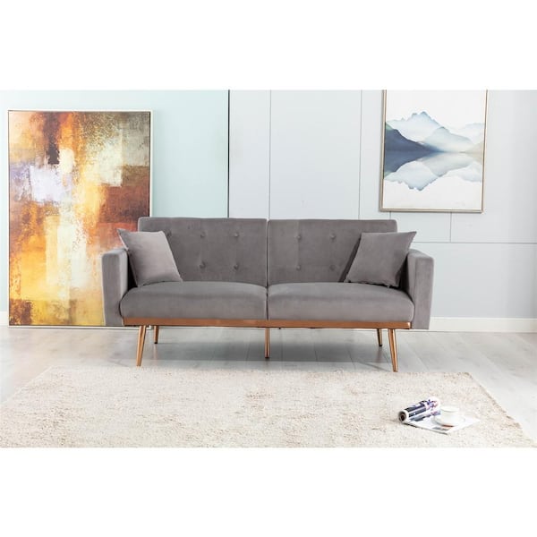 HOMEFUN 68 in. Wide Gray Velvet Upholstered Tufted 2 Seats Loveseat Sleeper sofa with Golden Metal Legs