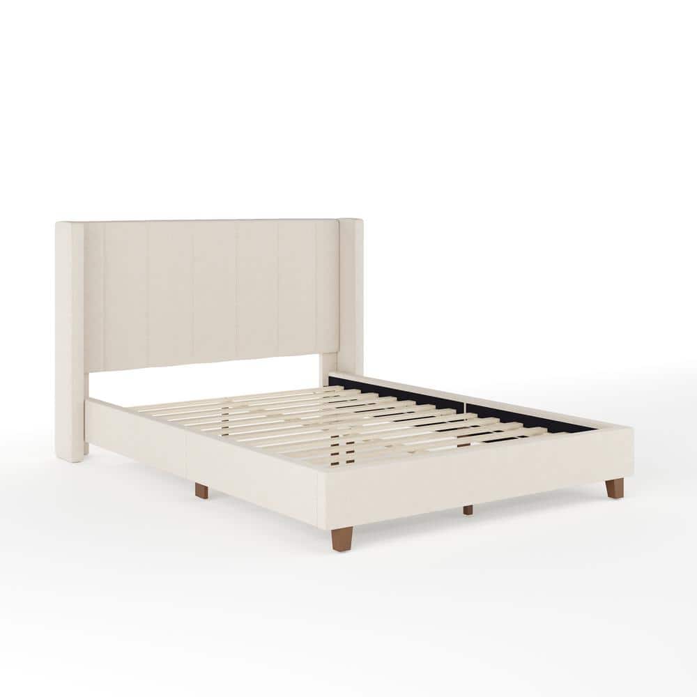 Beige Linen Upholstered Full Platform Bed with Wood Frame