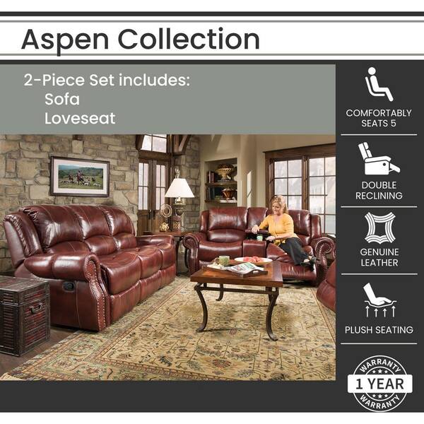 Hanover Aspen 2 Piece Oxblood 100, Reclining Leather Couch And Loveseat
