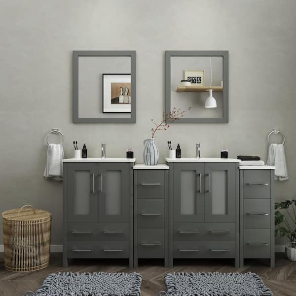 Vanity Art Brescia 72 in. W x 18.1 in. D x 35.8 in. H Double Basin Bathroom Vanity in Grey with Top in White Ceramic and Mirror