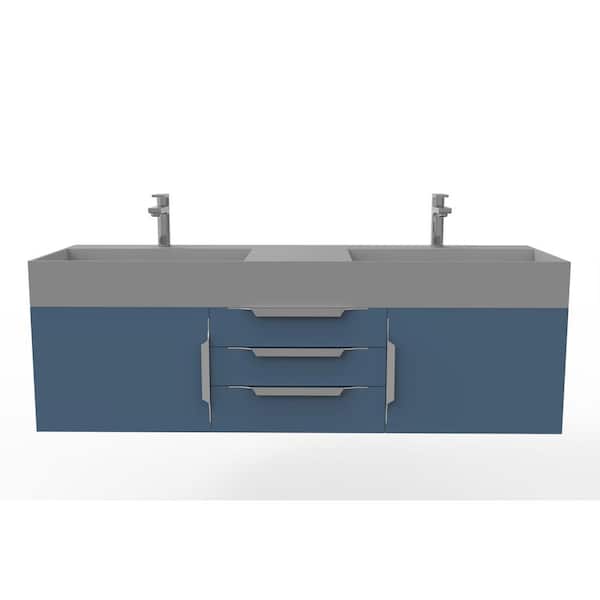 castellousa Maranon 60 in. W x 19 in. D x 19.25 in. H Double Floating Bath Vanity in Matte Blue with Chrome Trim and SLDSFC Gray Top