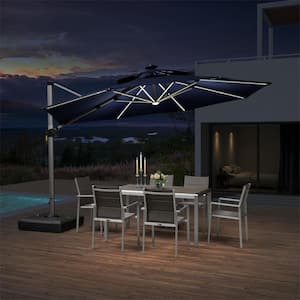 12 ft. Octagon Aluminum Solar powered LED Patio Outdoor Large Cantilever Umbrella Heavy Duty Sun Umbrella in Navy Blue