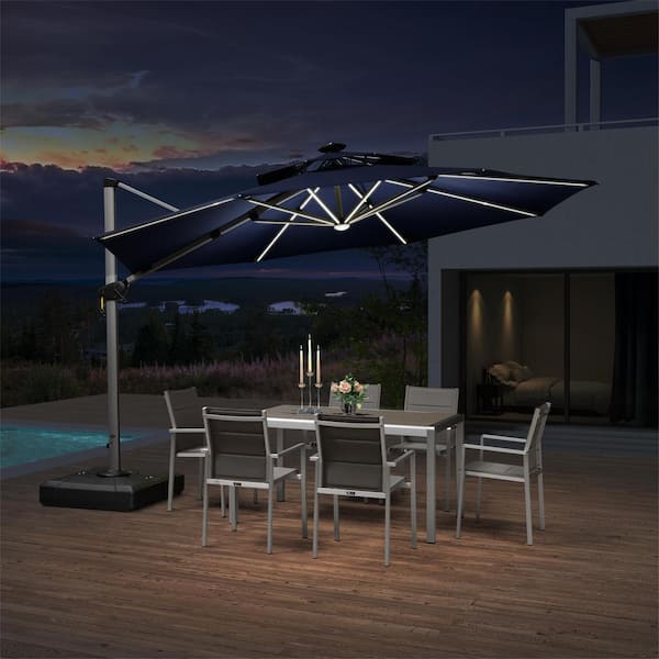 PURPLE LEAF 12 ft. Octagon Aluminum Solar powered LED Patio Outdoor Large Cantilever Umbrella Heavy Duty Sun Umbrella in Navy Blue