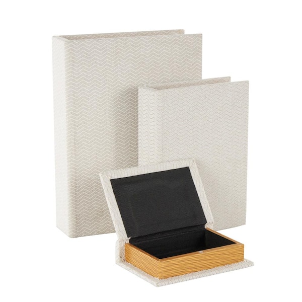 12 in. Cream Rectangle Fabric Storage Book Box (Set of 3)