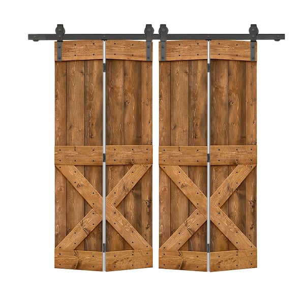 CALHOME 56 in. x 84 in. Mini X Series Solid Core Walnut Stained DIY Wood Double Bi-Fold Barn Doors with Sliding Hardware Kit