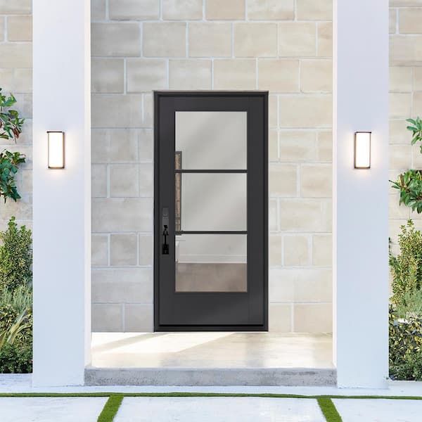 Legacy 36 in. x 80 in. Icon 3 Lite Modern Clear Glass RHIS Black Fiberglass Prehung Front Door