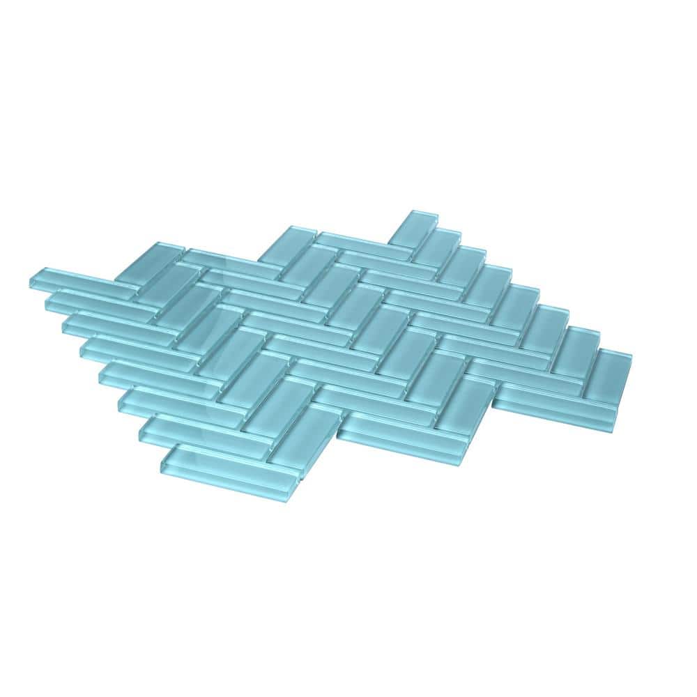 Sky Blue Herringbone Polished Glass Mosaic Tile