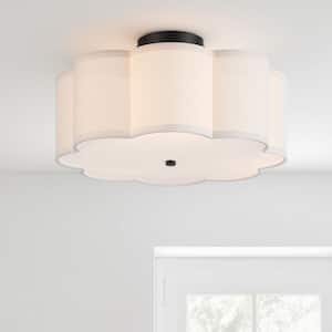 16 in. 3-Light Black LED Semi-Flush Mount Ceiling Light Fixture with Petal Fabric Shade E26 Bases