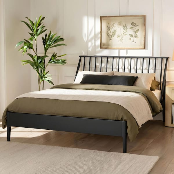 Bohemian Black Solid Bamboo Wood Frame King Size Platform Bed with 46.5 in. Tall Spindle Headboard