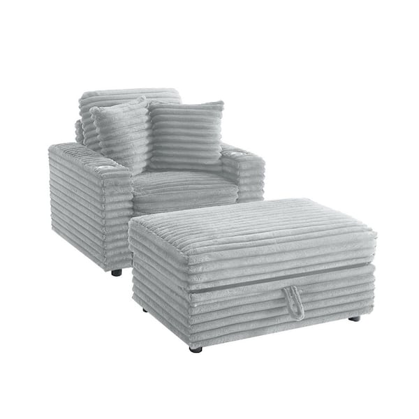 Gray Faux Rabbit Fur Polyester Fabric Upholstered Accent Arm Chair with Storage Ottoman and Plastic Legs (Set of 1)