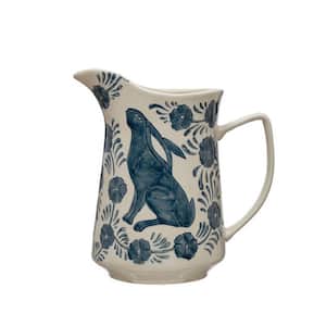 96 fl. oz. Blue and Cream Stoneware Pitchers with Painted Rabbit and Florals