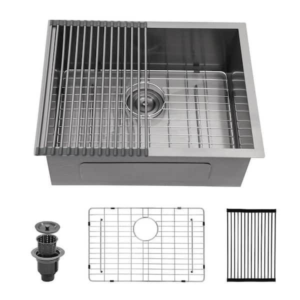 23 in. Undermount Single Bowl 18-Gauge Gunmetal Black Stainless Steel Kitchen Sink Zero Radius Corners with Bottom Grid