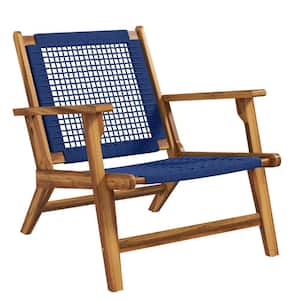 Dark Blue Wood Outdoor Chaise Lounge, Patio Acacia Wood Adirondack Chair with PP Rope Weave, Coconino Lounge Chair