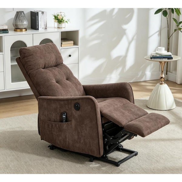 Brown Chenille Power Lift Recliner with Massage Heat Function and USB Charging Port