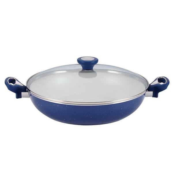 Farberware New Traditions 12.5 in. Aluminum Ceramic Nonstick Skillet in Blue Speckle with Glass Lid