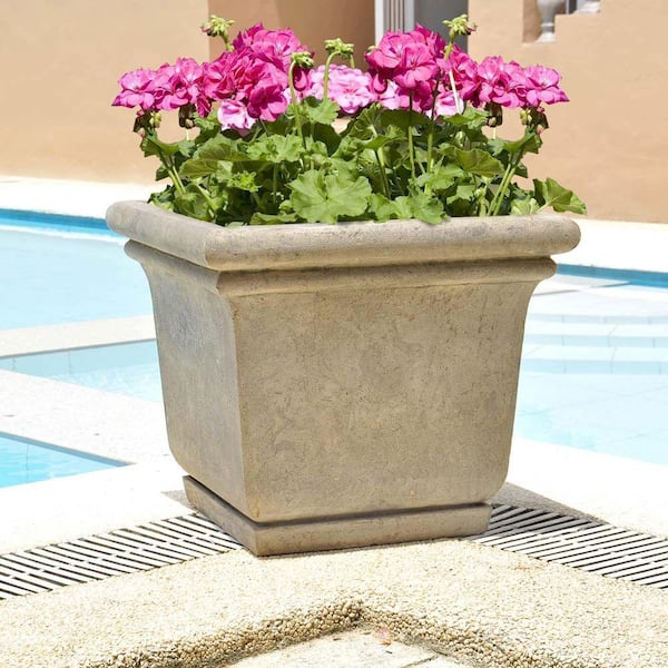 24 in. Square Cast Stone Fiberglass Planter with Attached Saucer in Aged Granite Finish