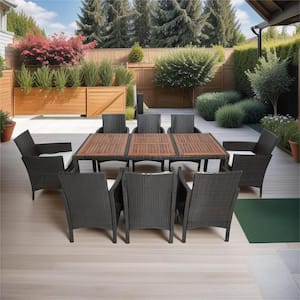 Brown 9-Piece Wicker Outdoor Dining Set with Creme Cushion and Dining Table