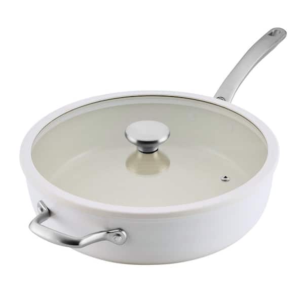 5 qt. Halo with Laser Defense Ceramic Nonstick Saute Pan with Lid and Helper Handle in Pearl White