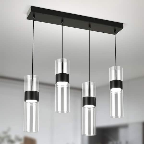 Lume 40W Modern 4-Ligh Black Industrial Linear Cluster Hanging Chandelier with Clear Glass Shade for Kitchen Dining Room