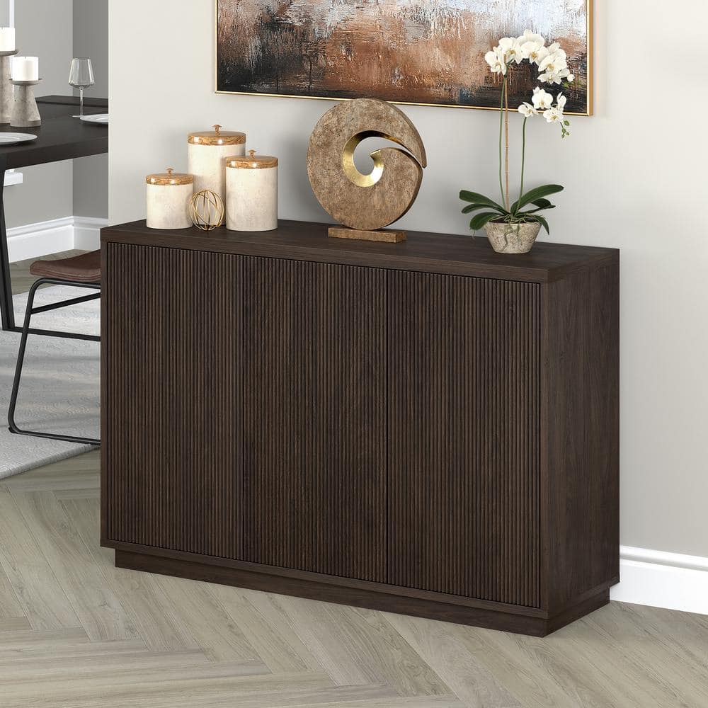 Alder Brown Rectangular Fluted Accent Table with Plinth Base