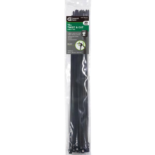 Commercial Electric 14in Twist and Cut UL Listed UV Resistant  Cable Zip Ties 20 Pack UV (Black)